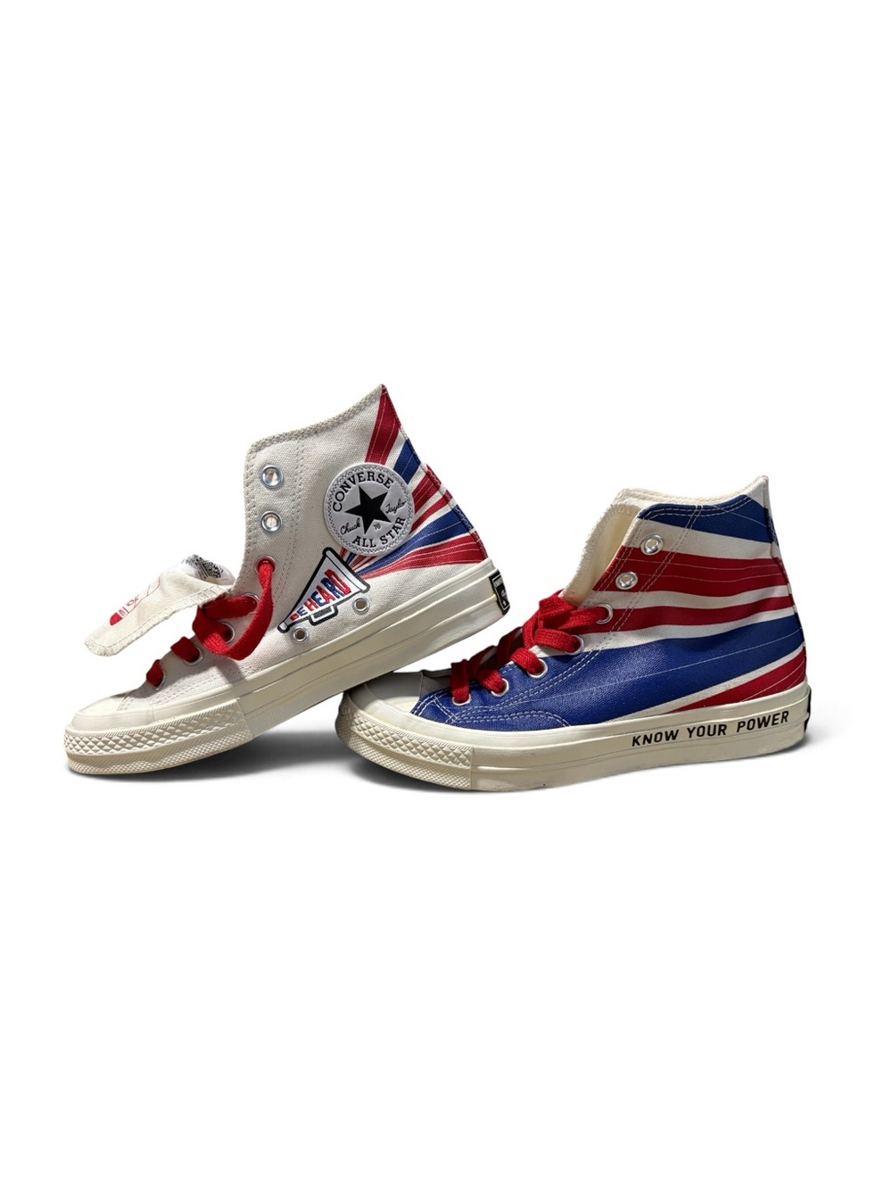 Converse “Be Heard” High-Top Sneakers in Red, Blue & White